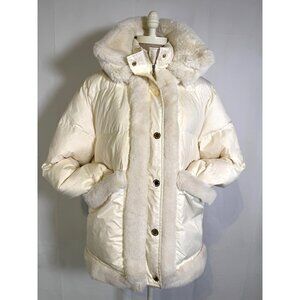 $1150 Sandro Paris Cream Down Filled Winter Coat Puffer Jacket Fur Trim Sz L